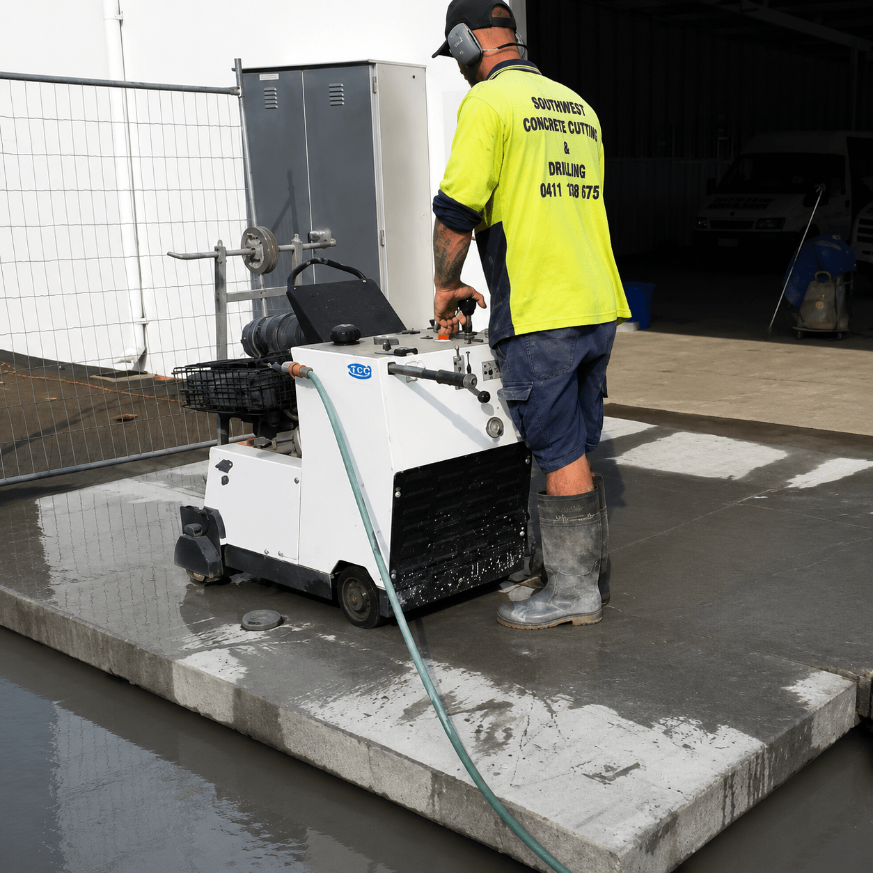 Concrete cutting through slab using slab cutting machinery.