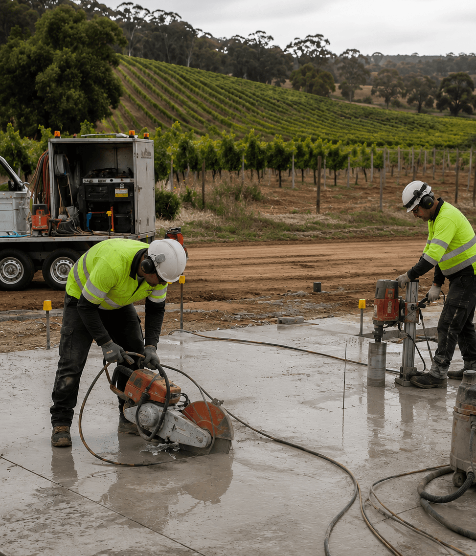 Concrete cutting in the Southwest on a rural agricultural build site.