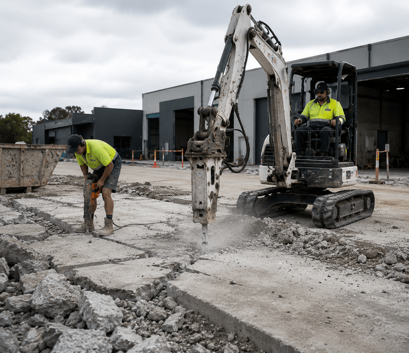 The team performing concrete removal by breaking up a slab.