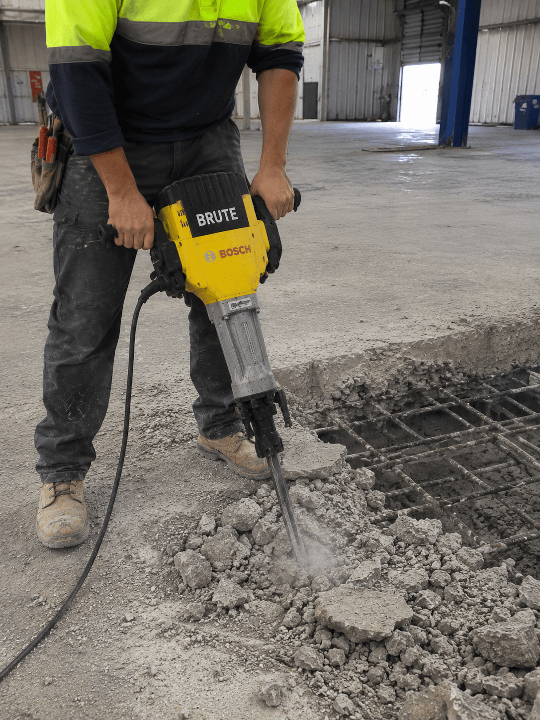 Jackhammering as part of reinforced concrete removal.