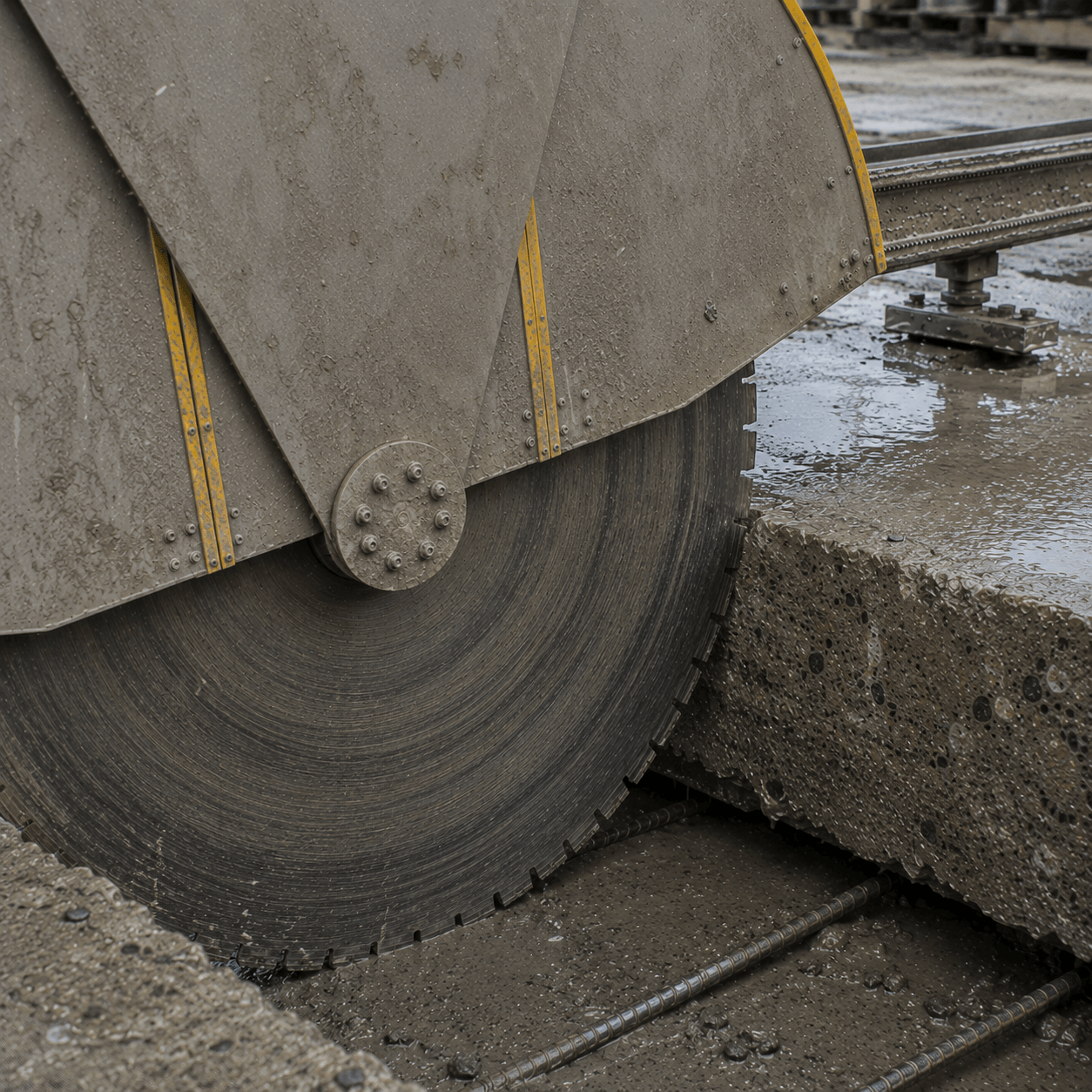 Saw cutting through reinforced concrete slab.