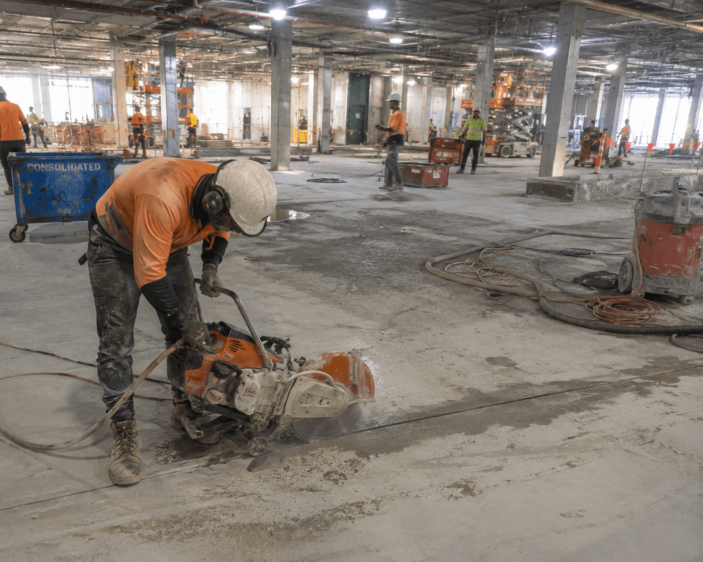 Commercial fit-out concrete slab cutting.
