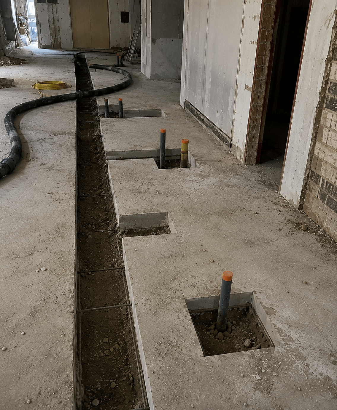 Concrete slab cutting for creating service pathway trenches.